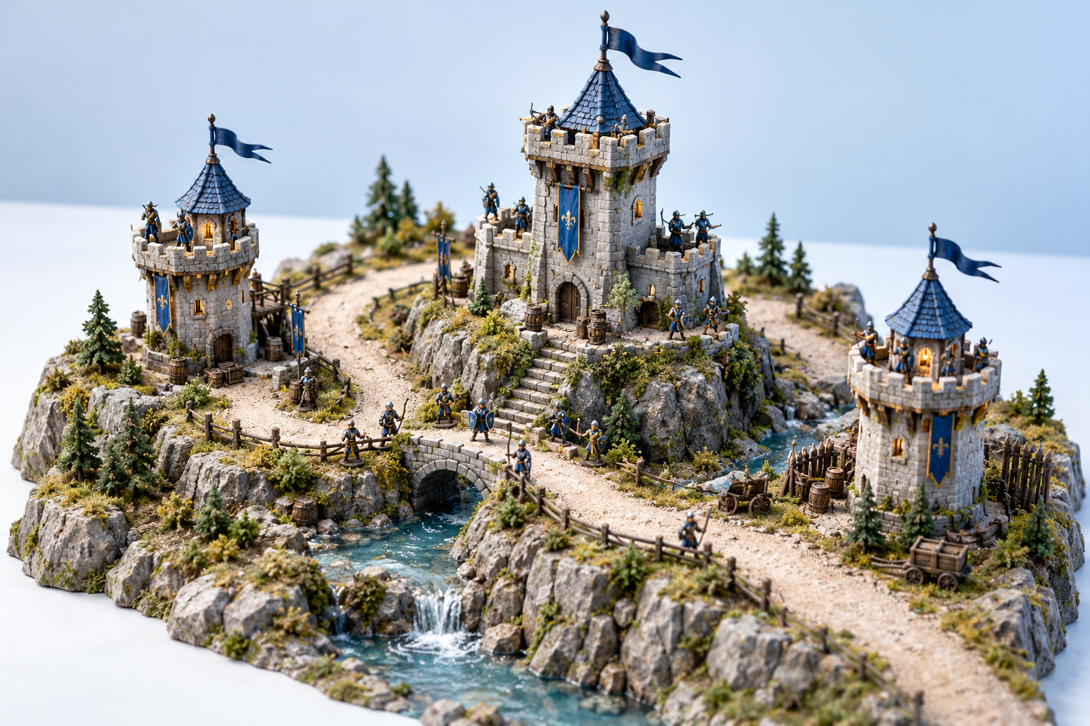 An original blue miniature fortress study on a gridded tabletop